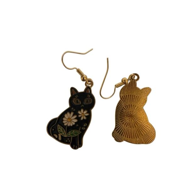 Black Cat & Daisy Enamel Earrings - Picture 4 of 4